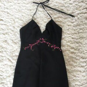 South Moon Under Black Halter Dress with Pink Embroidered Flowers - Size Small